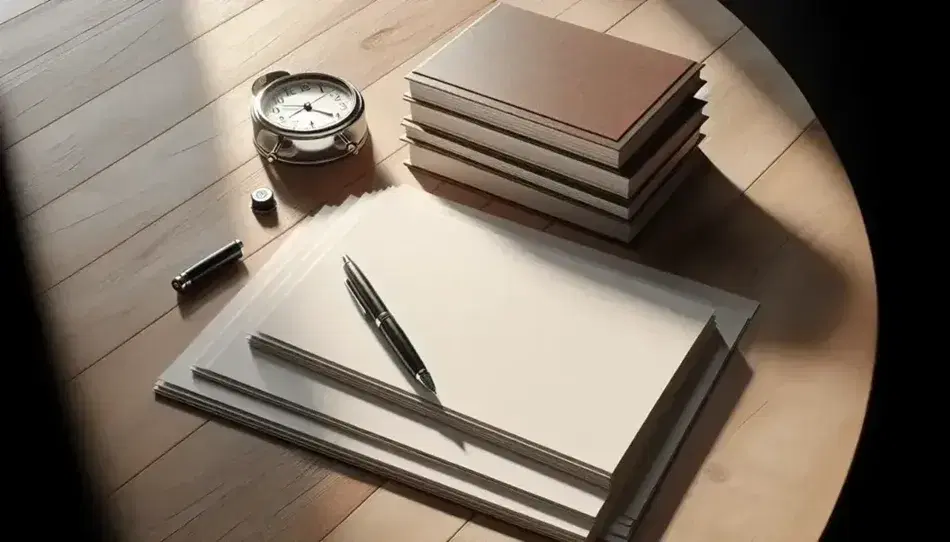 Mesa de madera clara con pila de hojas en blanco, libro abierto sin texto, pluma negra con acabado metálico y reloj analógico redondo sin marcas.