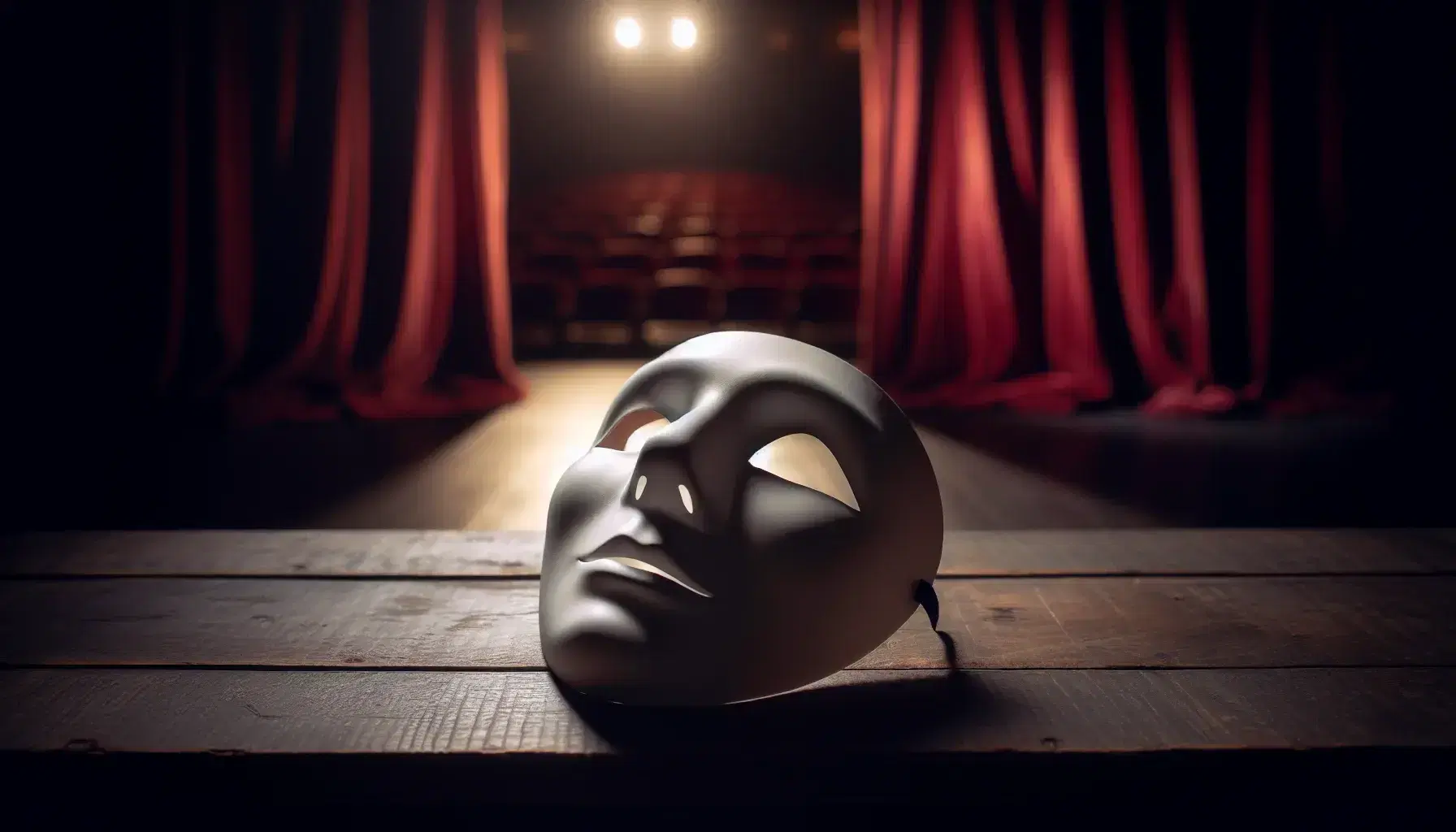 Maschera teatrale bianca neutra su tavolo scuro con sfondo di tenda rossa vellutata semiaperta e palcoscenico illuminato debolmente.