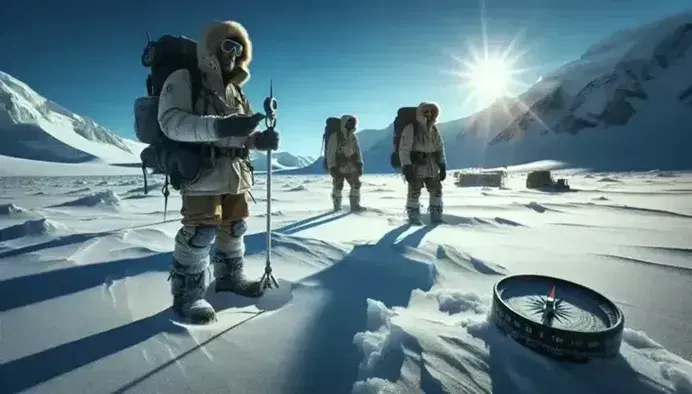 Three explorers in cold weather gear with backpacks and ice axes on a snowy landscape, consulting a compass under a blue sky.