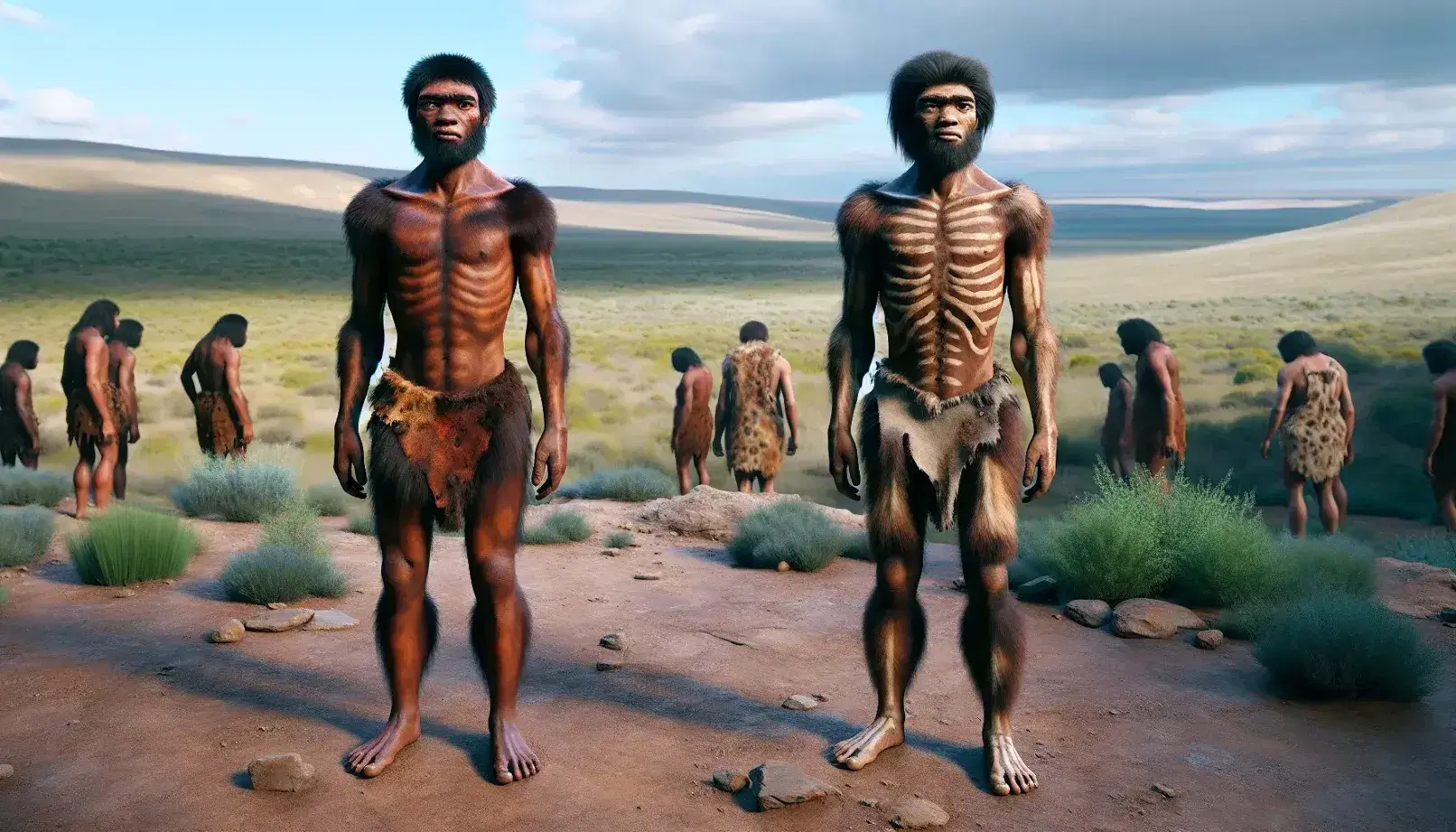 Reconstrucción 3D de dos figuras humanoides prehistóricas con pieles en un paisaje natural sin señales de civilización moderna.