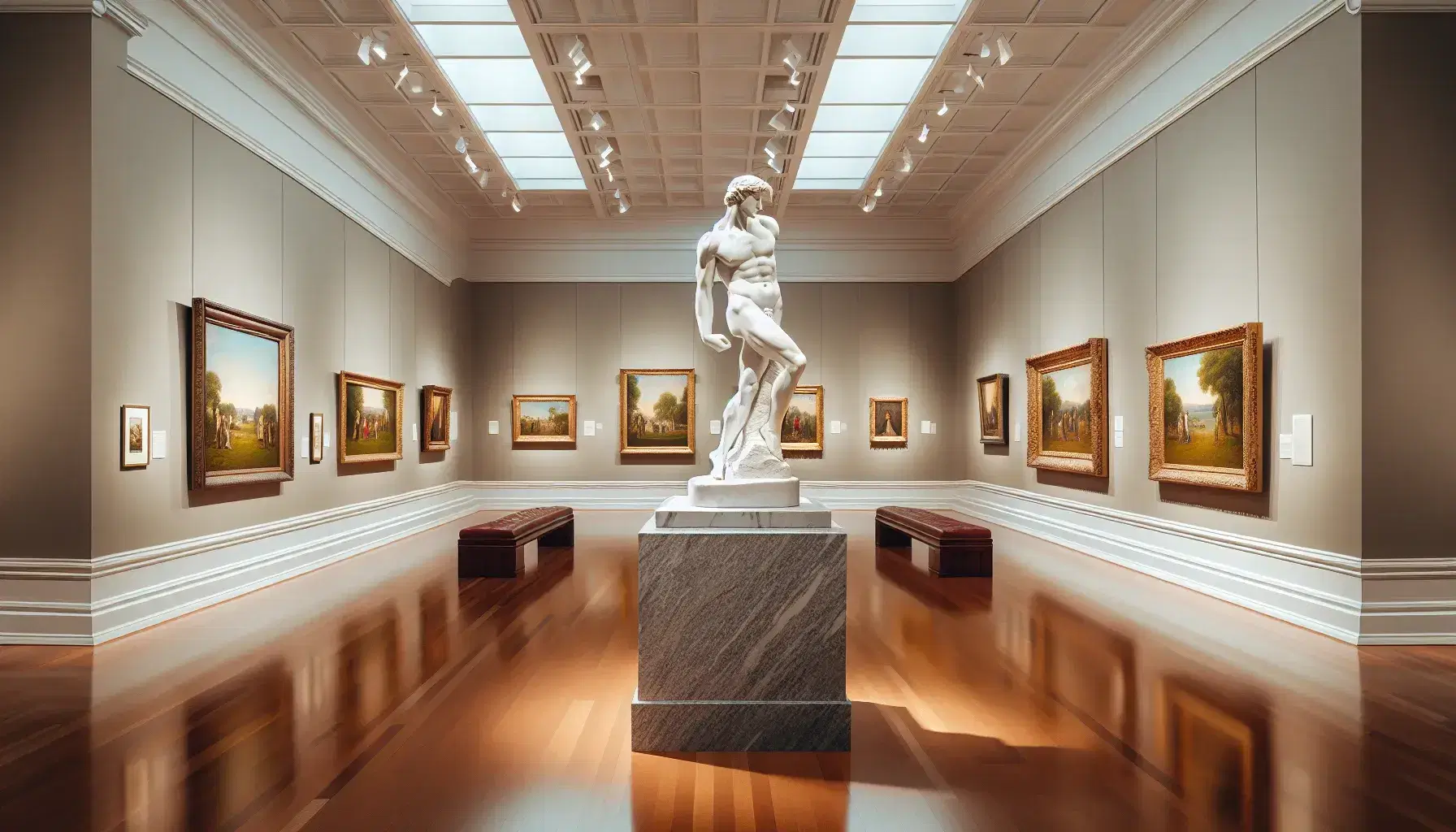 Sala de museo con escultura de mármol blanco en pose clásica, pinturas variadas enmarcadas y banco de madera con cojín rojo, iluminación suave y piso de madera pulida.