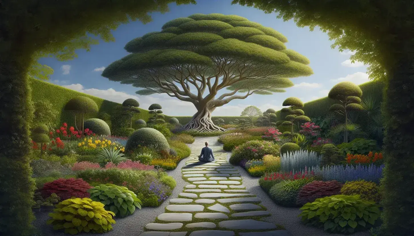 Jardín exuberante con sendero de piedras, arbustos podados, flores coloridas y gran árbol bajo cuya sombra se relaja una figura humana meditando.