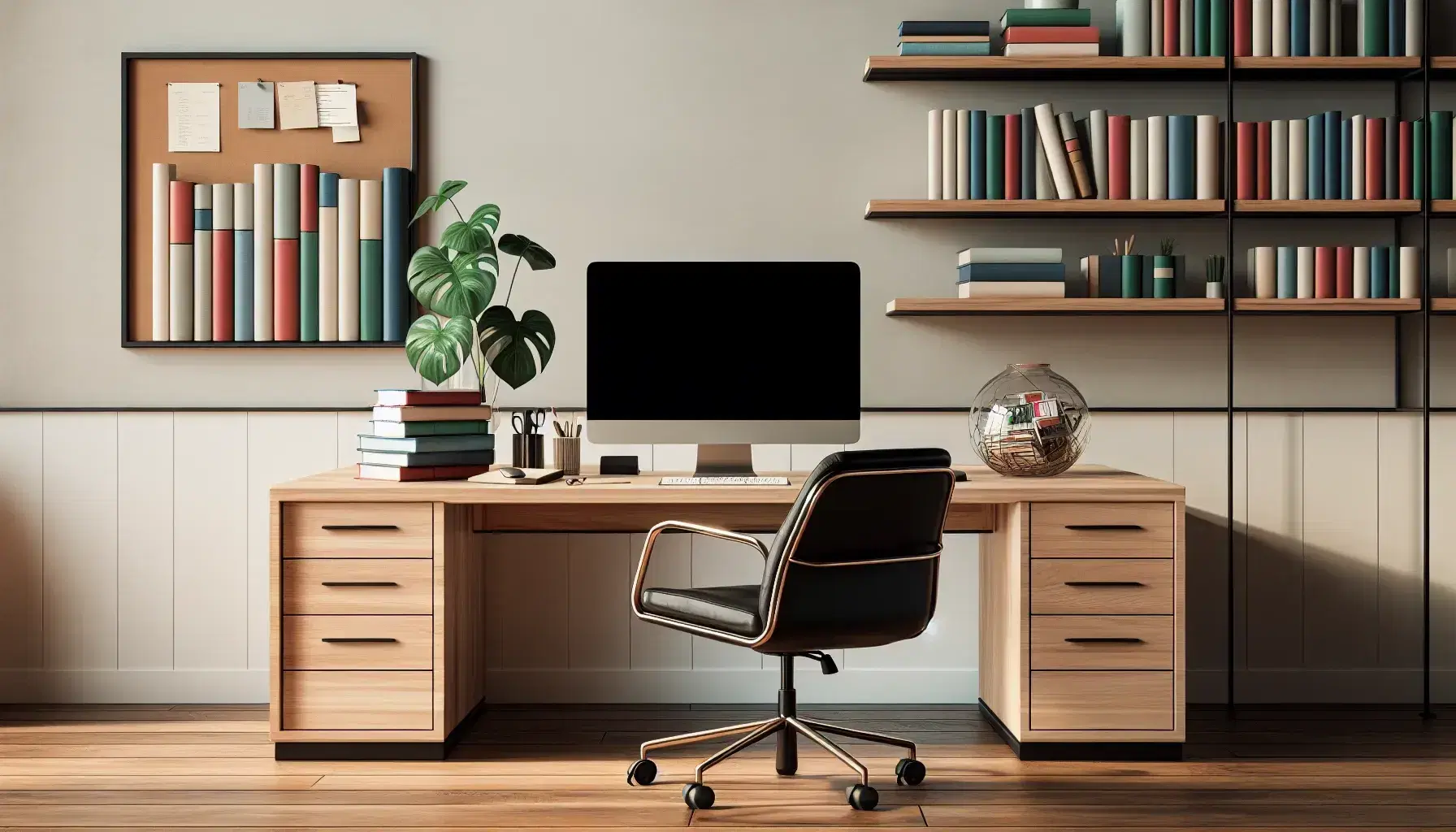 Organized office setup with a polished wooden desk, desktop computer, stack of solid-colored books, green plant in a vase, and a blank whiteboard.