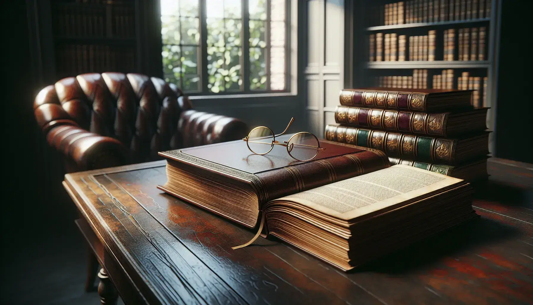 Vintage study room with polished dark wooden table, open aged book, wire-rimmed glasses on leather-bound books, armchair, and abstract painting.