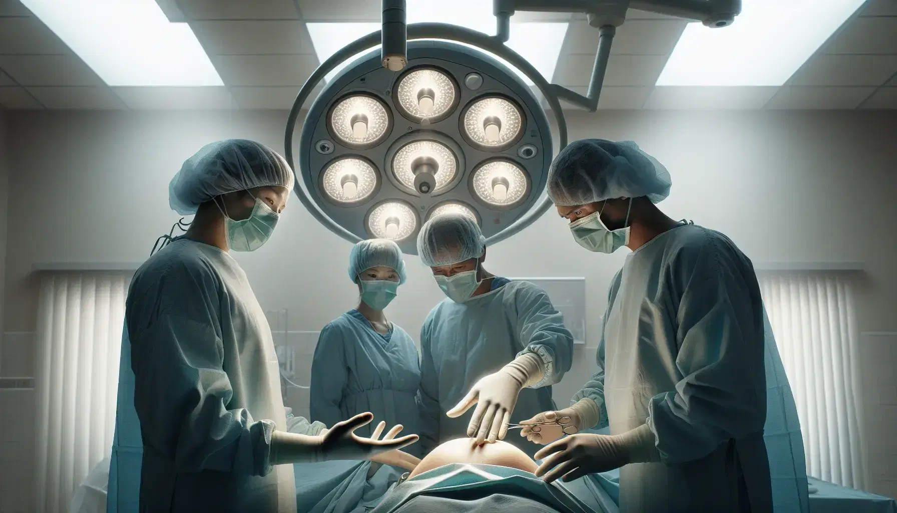 Equipo médico en quirófano preparado para parto, con obstetra en primer plano y asistentes listos para ayudar, bajo luz quirúrgica apagada.