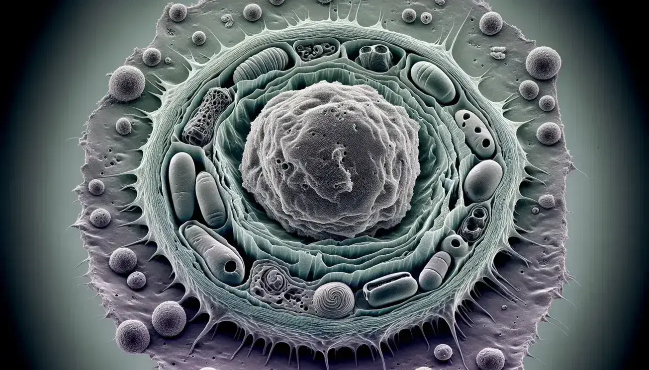 Micrografía electrónica de color de una célula eucariota con núcleo esférico, nucleolos, mitocondrias, vesículas y membrana plasmática detallada.