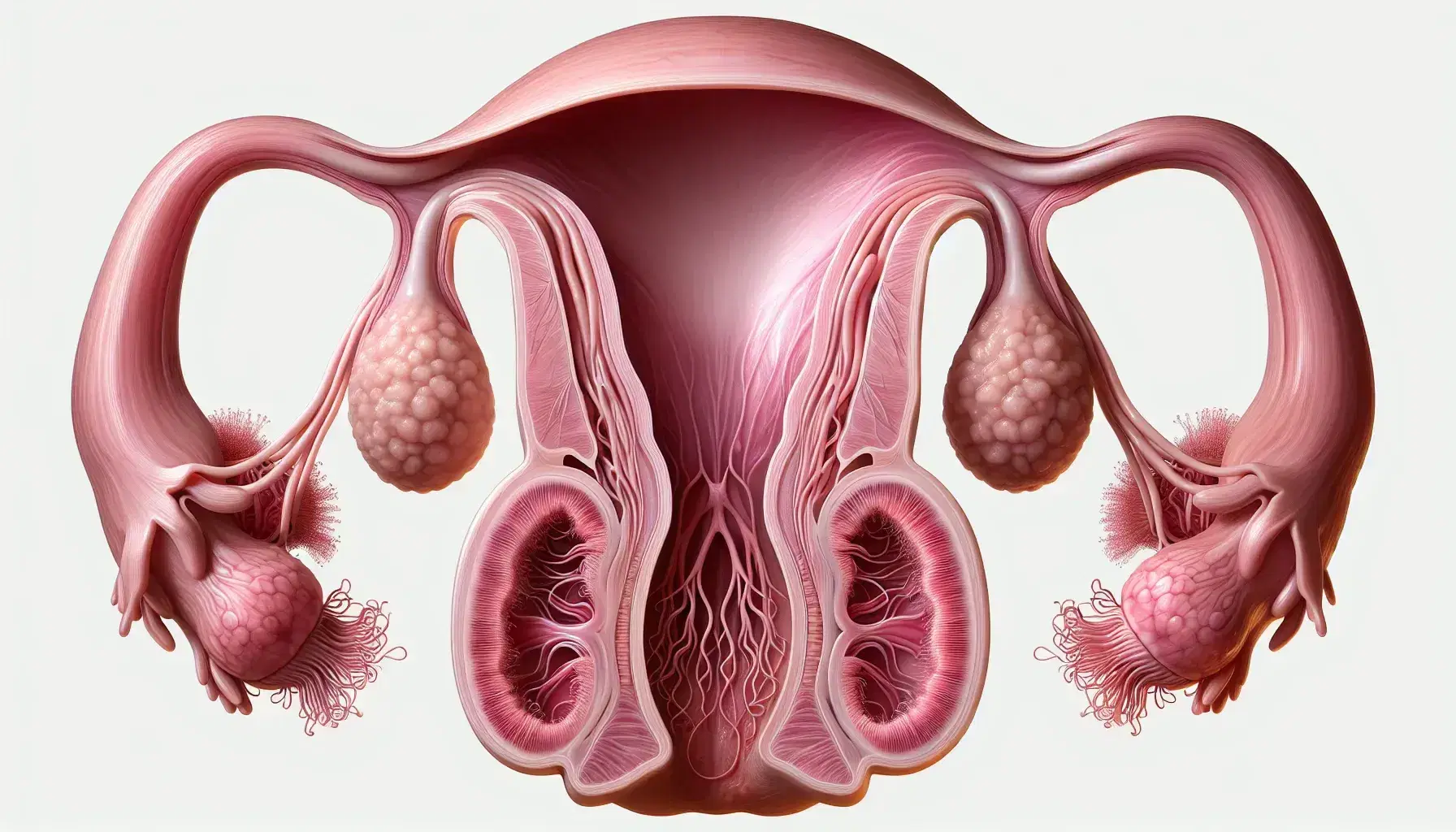 Rappresentazione anatomica del sistema genitale femminile con ovaie, tube di Falloppio e utero in vista frontale.