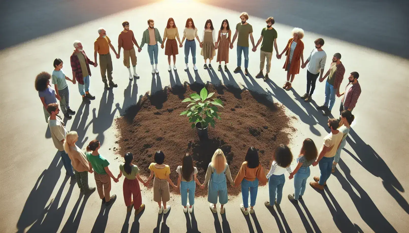 Grupo diverso de personas protegiendo una planta joven en un entorno natural bajo un cielo azul despejado, simbolizando cuidado y crecimiento.