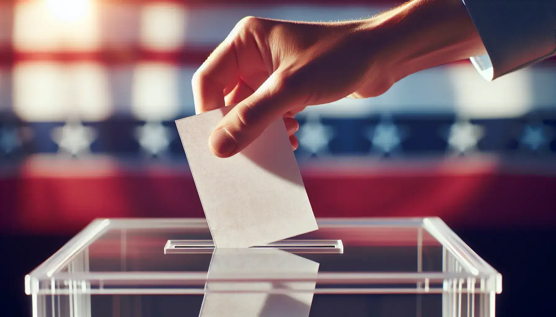Hand casting blank ballot into a clear ballot box with a stack of votes, against a blurred patriotic backdrop, emphasizing the voting process.