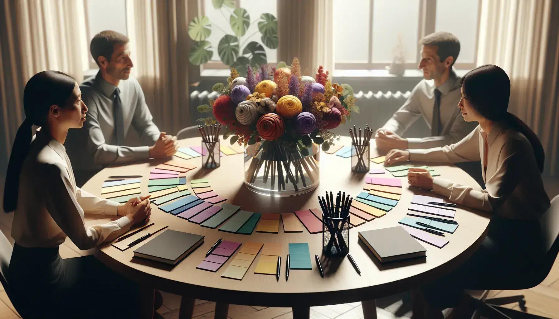 Round wooden table with colorful post-it notes, black pens, pencils, and a vibrant flower bouquet, surrounded by four professionals in a discussion.