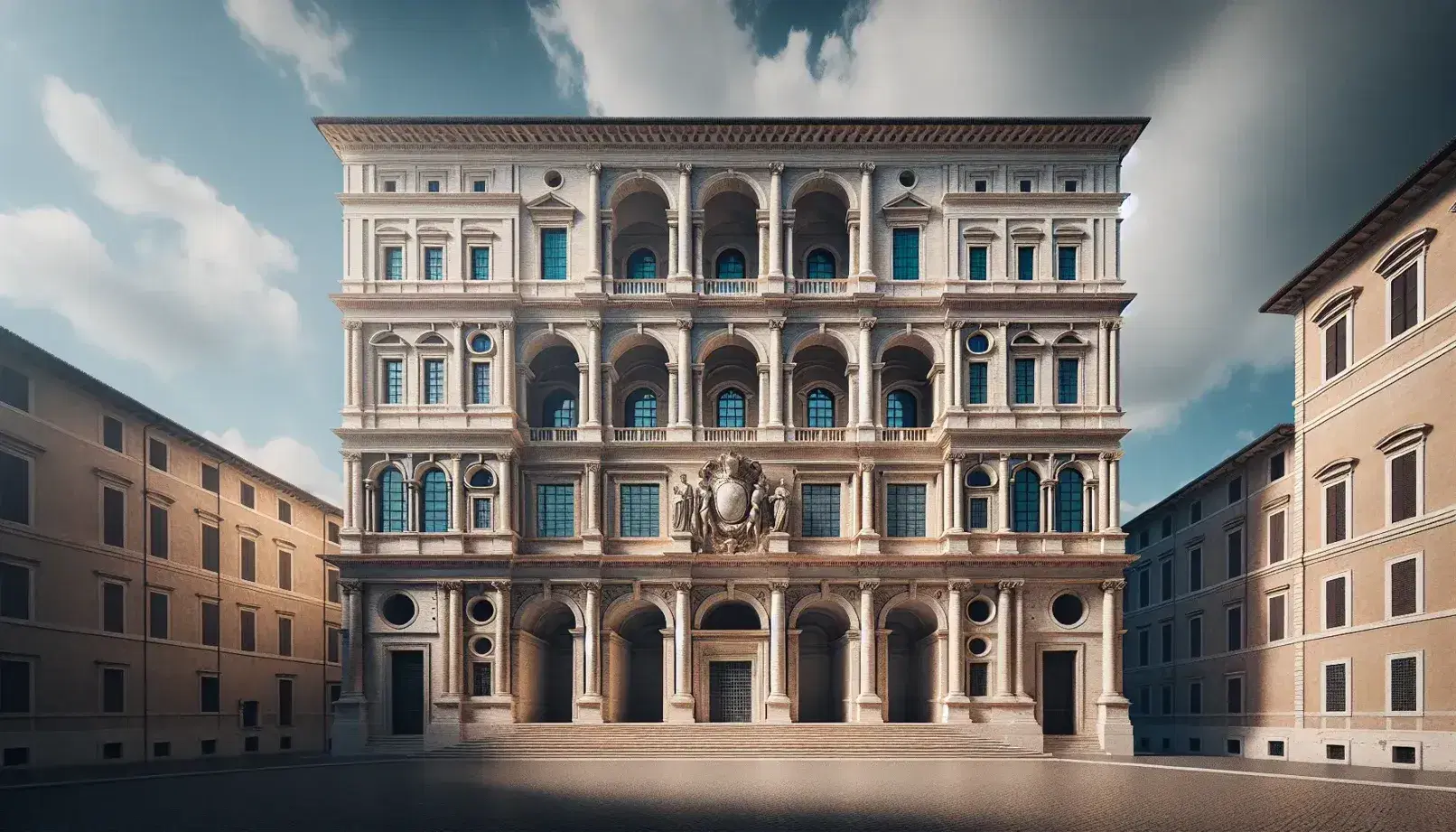 Facciata simmetrica del Palazzo Farnese a Roma con portico ad archi al pianterreno e finestre con timpani al primo e secondo piano sotto un cielo azzurro.
