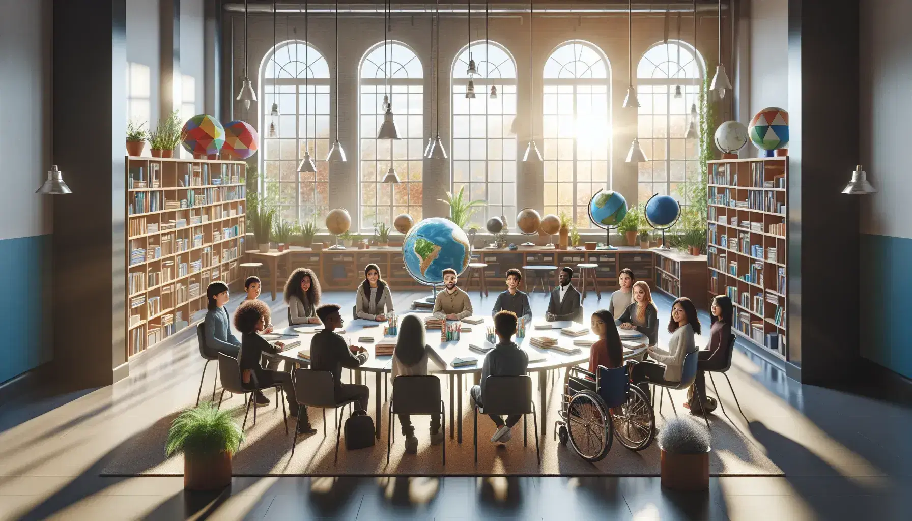 Aula escolar luminosa con estudiantes diversos sentados alrededor de una mesa redonda, incluyendo un alumno en silla de ruedas, entre estanterías con libros y materiales didácticos.