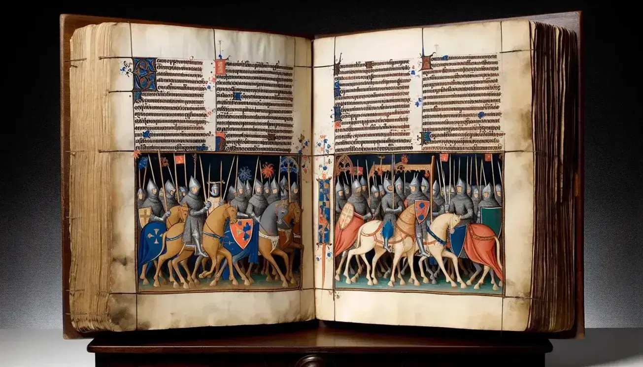 Manoscritto medievale su leggio con miniatura di battaglia cavalleresca, penna d'oca e coltello su tavolo in legno sotto luce soffusa.