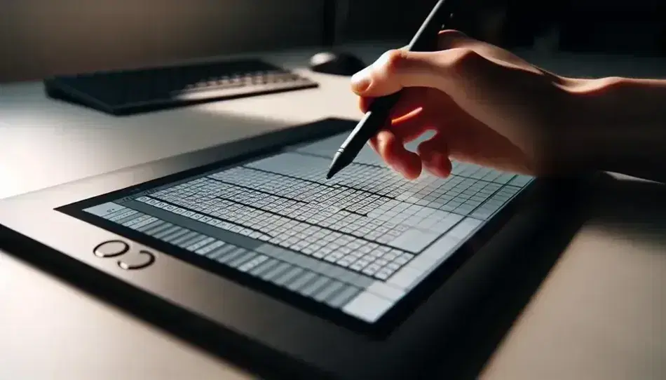 Mano sujetando un lápiz óptico sobre tableta gráfica con pantalla mostrando cuadrícula similar a hoja de cálculo, en un entorno de trabajo con teclado y monitor desenfocados al fondo.