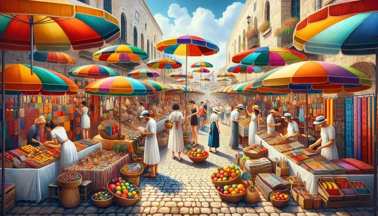 Mercato turistico all'aperto con bancarelle colorate, ombrelloni, frutta fresca, manufatti e turisti in abiti estivi su strada acciottolata.
