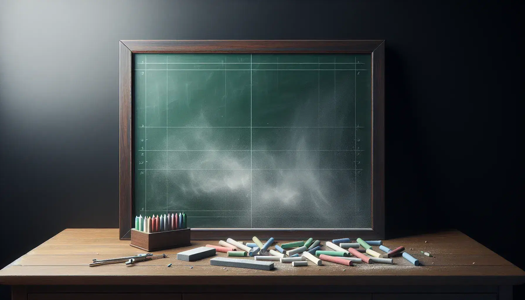Pizarra verde oscuro con manchas blancas de tiza y polvo, estante con tizas de colores y borrador, y útiles de geometría en mesa adyacente.