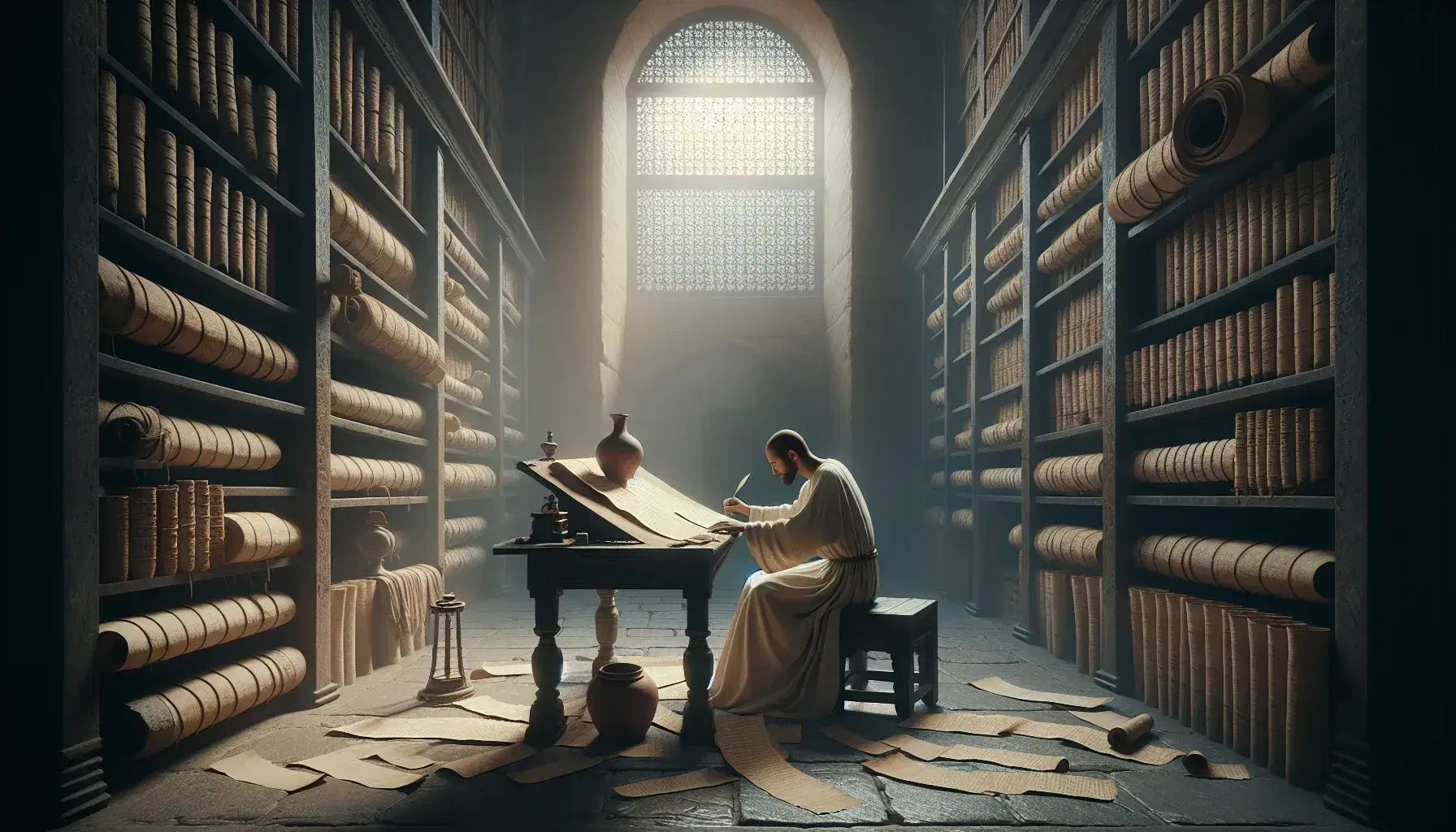 Uomo in tunica copia testi antichi su papiro in biblioteca storica con scaffali di rotoli, finestra ad arco e giochi di luce.