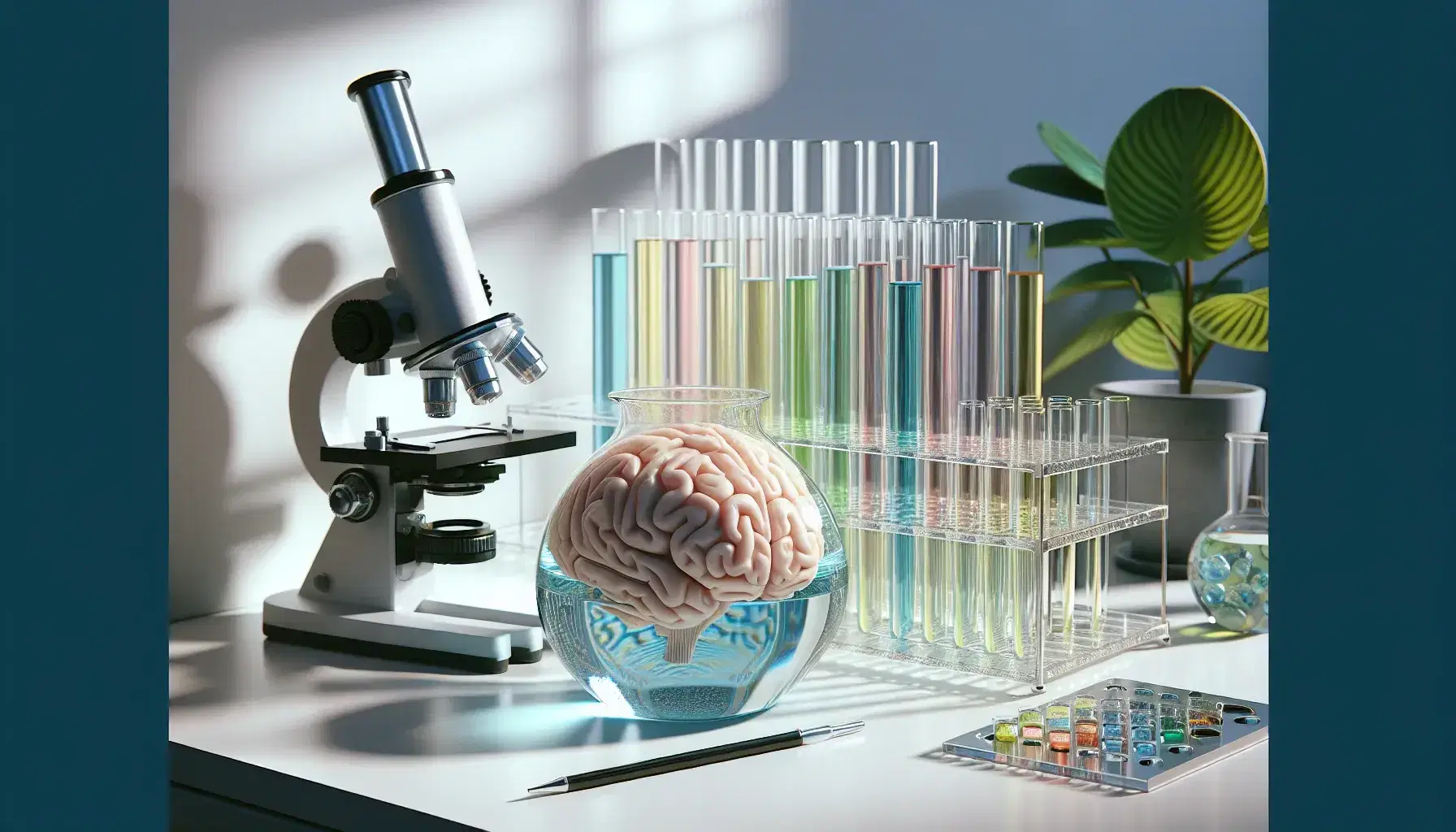 Laboratory organized with beaker of blue liquid, microscope, colored test tubes, human brain model and green plant.