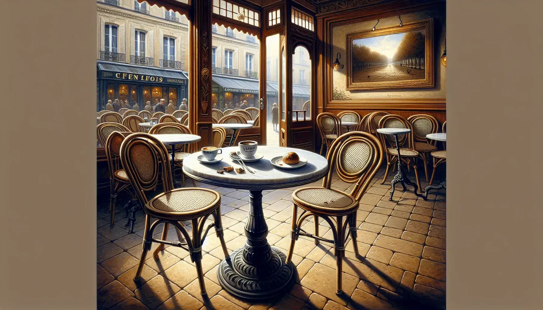 Traditional French café scene with an empty bistro table set with a coffee cup and saucer, wrought iron chairs, and a serene, unoccupied interior.