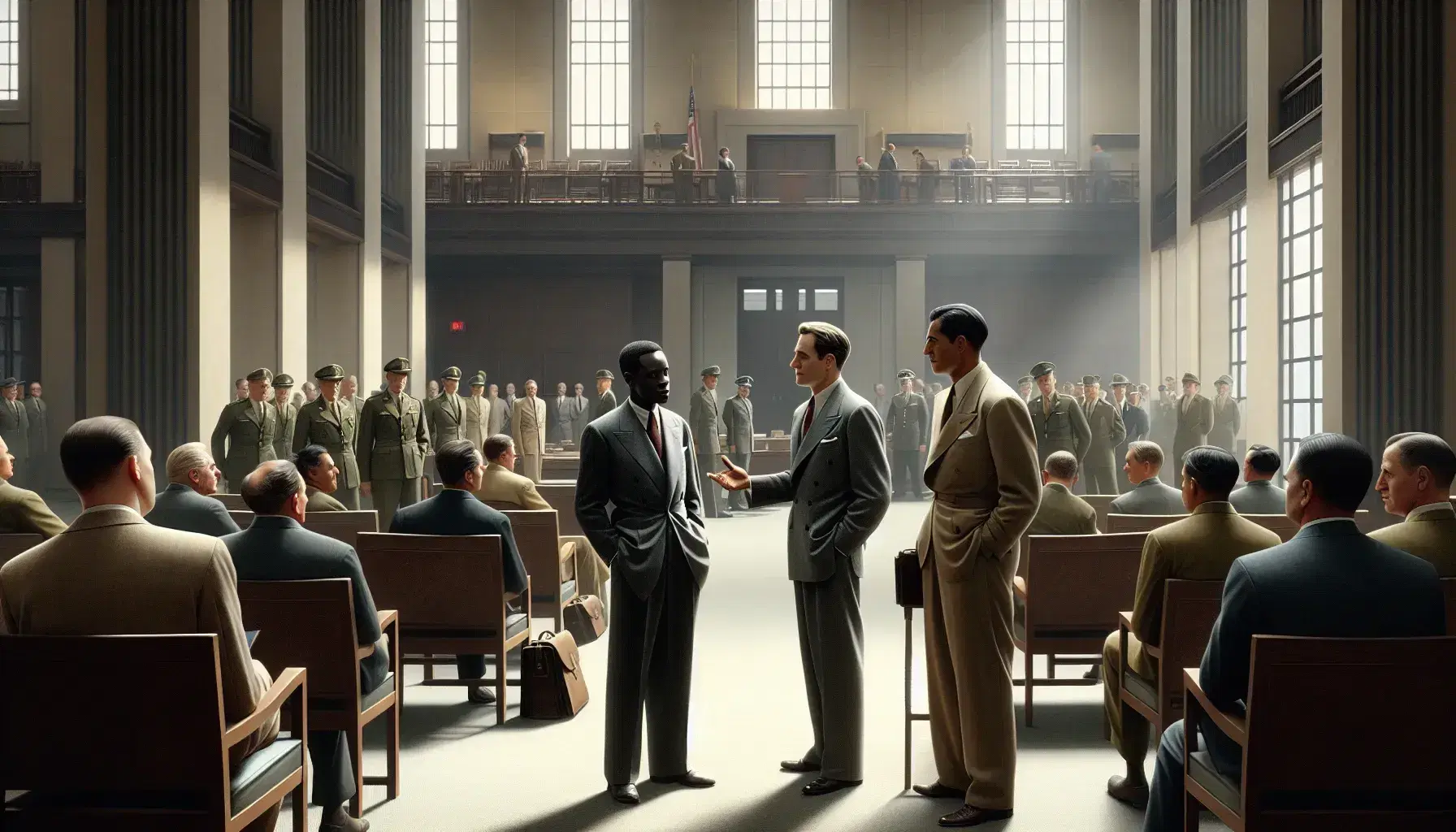 Late 1940s historical scene with a diverse trio of men in suits discussing earnestly, surrounded by diplomats and military personnel in a sparse, sunlit administrative hall.