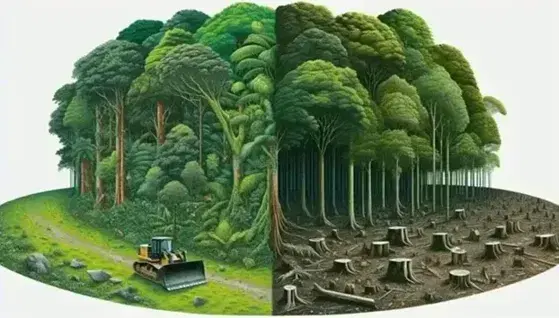 Lush forest on the left with tall trees and various shades of green, contrasts with bare ground and bulldozers on the right.
