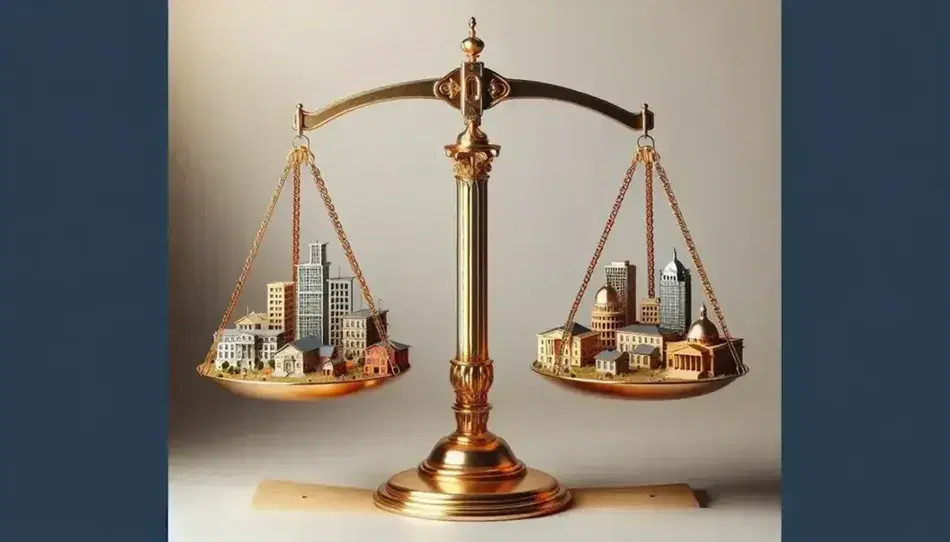Golden scales balancing with miniatures of city buildings on one plate and regional government buildings on the other, against blue sky background.