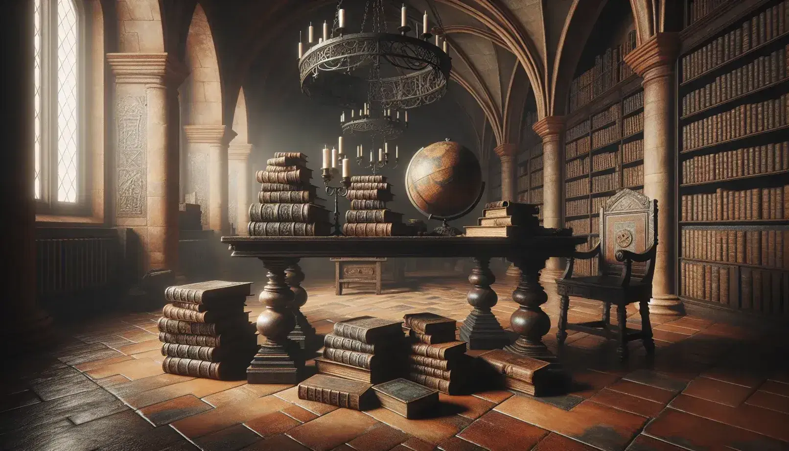 Biblioteca antigua con mesa de madera oscura, libros desgastados, globo terráqueo y silla tallada bajo la luz de una ventana de arco de piedra.