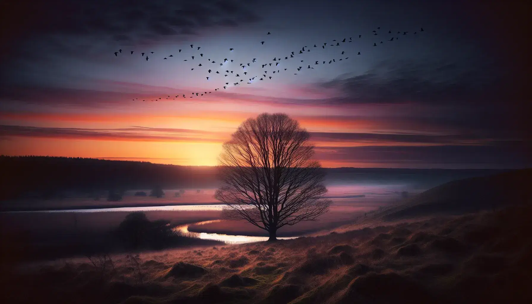 Paesaggio naturale al tramonto con albero solitario su collina erbosa, cielo sfumato arancione e rosa, fiume sereno e uccelli migratori.