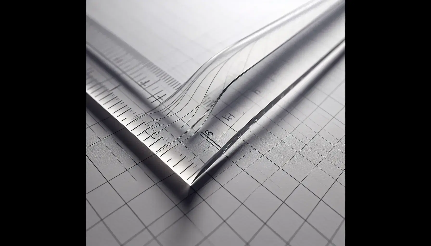 Clear acrylic ruler aligned tangentially to a pencil-drawn curve on white paper, set on a light brown wooden desk with soft lighting and no distractions.
