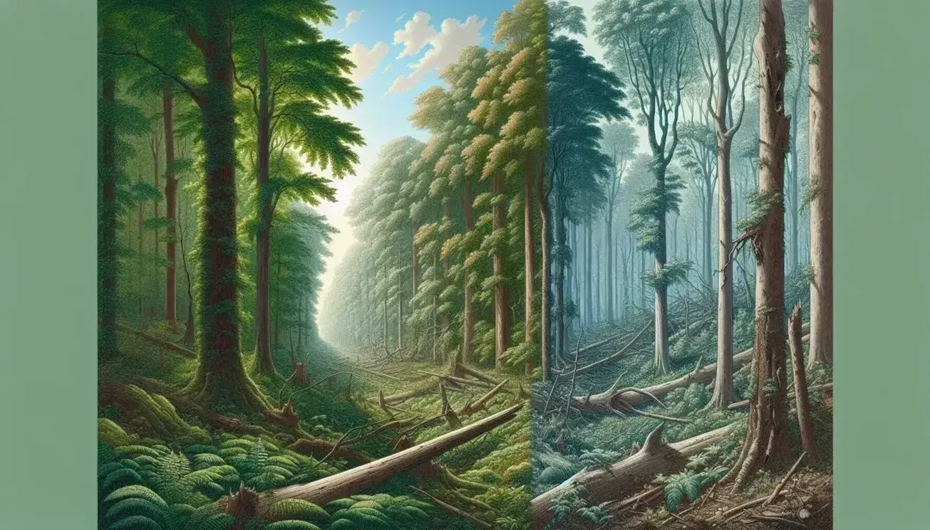 Lush green forest with dense foliage transitions to a disturbed area with fallen trees, bare earth, and scattered debris, highlighting ecosystem impact.