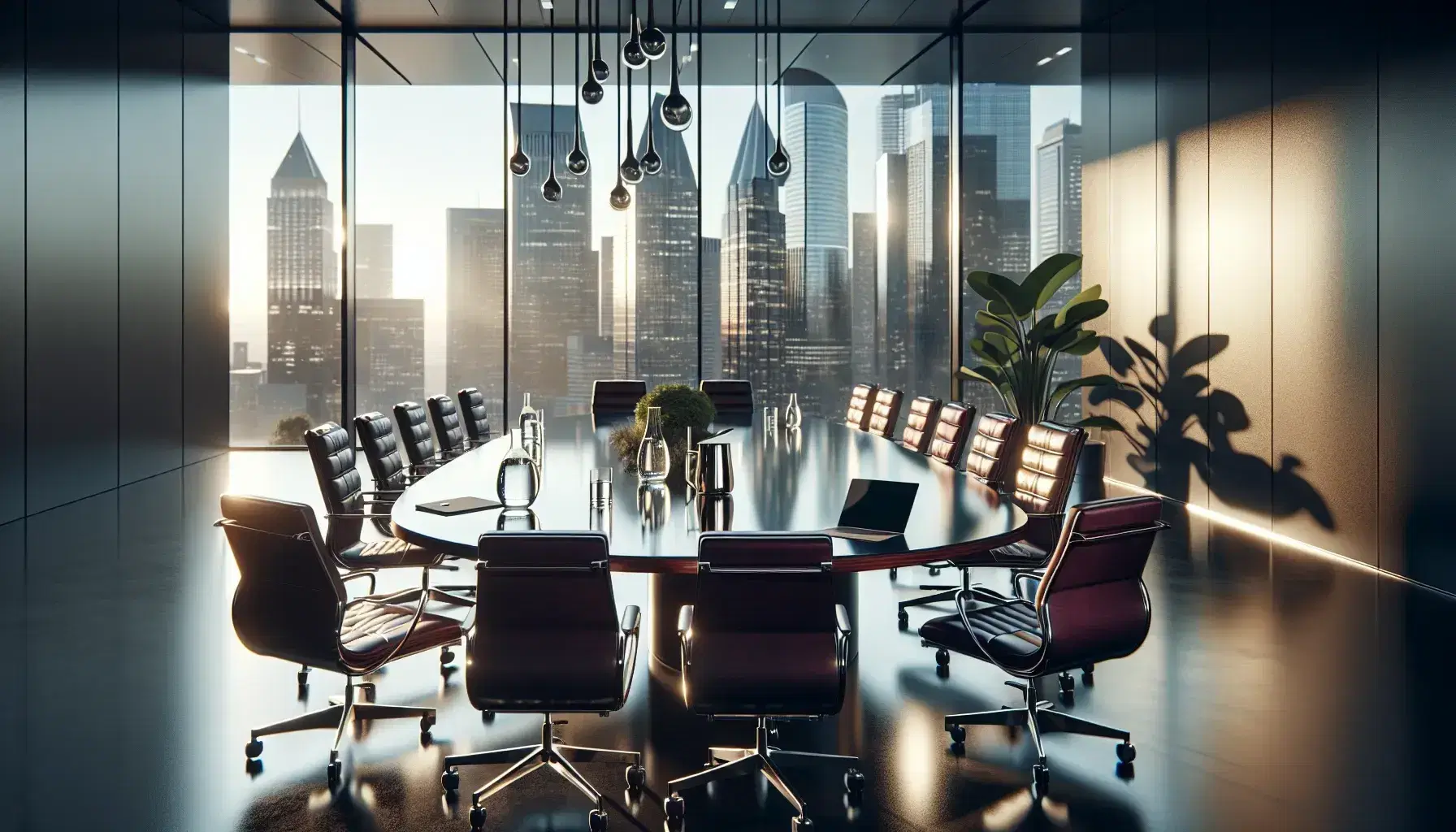 Modern boardroom with oval mahogany table, burgundy leather chairs, laptop, water pitcher, and cityscape view through floor-to-ceiling window.