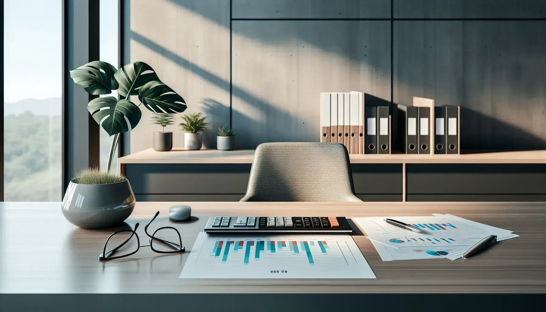 Oficina moderna y luminosa con escritorio de madera, calculadora, gráficos impresos, gafas, silla ergonómica y planta interior, reflejando un ambiente de trabajo organizado y profesional.