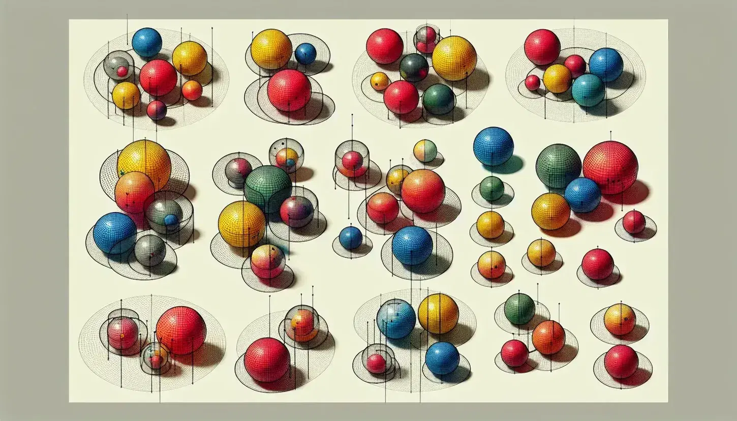 Sfere colorate rosse, blu, verdi e gialle raggruppate e separate da contorni trasparenti su sfondo chiaro, con aree di sovrapposizione.