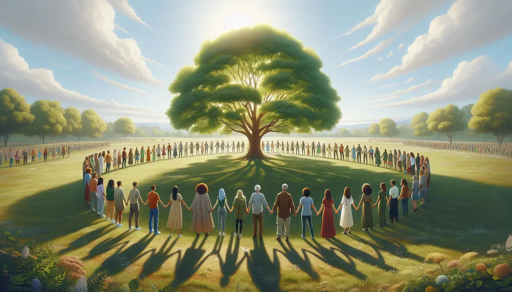Círculo de personas diversas tomadas de las manos alrededor de un árbol frondoso en un campo verde bajo un cielo azul con nubes dispersas.