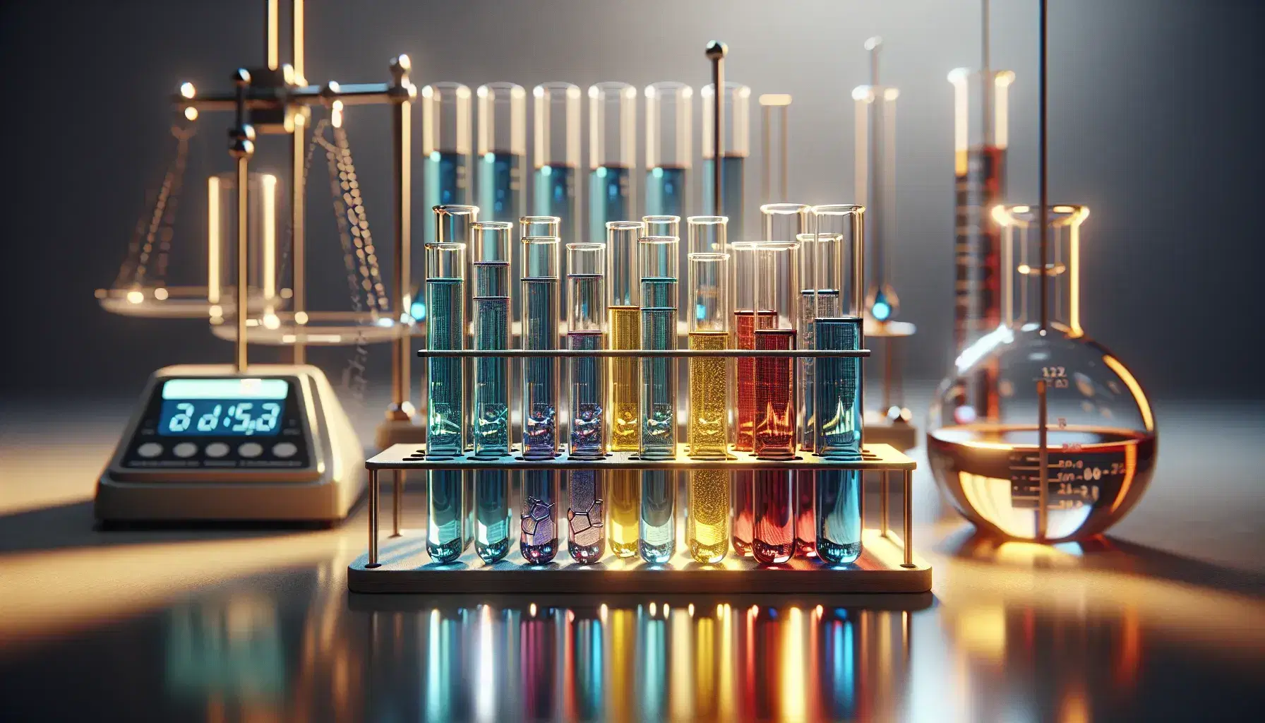 Provette in vetro con liquidi colorati su supporto in legno, bilancia analitica sfocata sullo sfondo, cilindro graduato parzialmente visibile.
