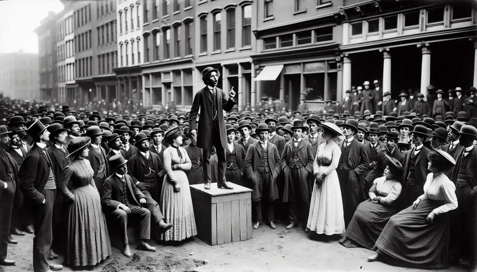 Lively early 20th century street scene with people in period clothing, speaker on wooden crate and vintage transportation.