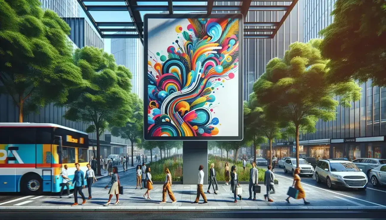 Urban street scene with a colorful abstract billboard, diverse pedestrians, parked cars, and a city bus with blank ad spaces under a clear blue sky.