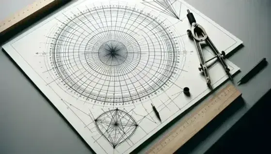Círculo con líneas radiales y figuras geométricas alrededor, incluyendo un triángulo, cuadrado y pentágono, junto a una regla y compás sobre fondo blanco.