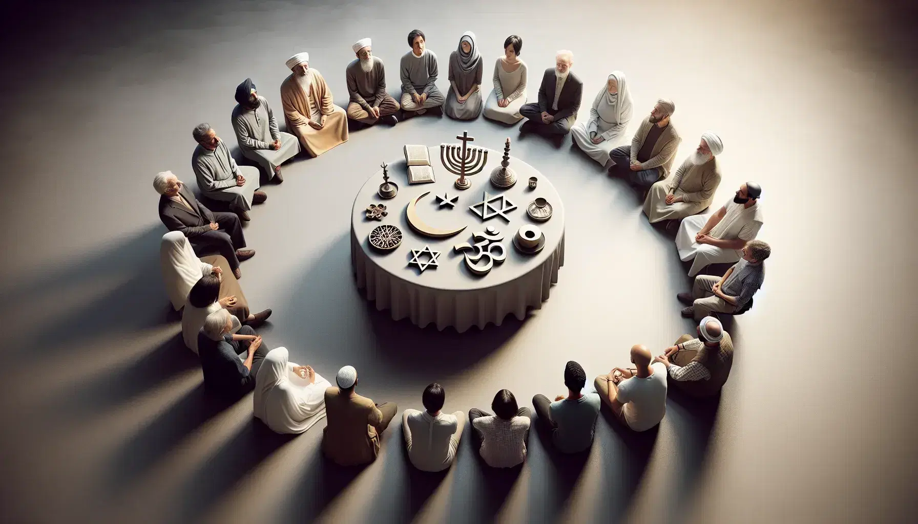 Multi-ethnic group sitting in semi-circle discussing around a table with religious symbols such as cross, menorah, crescent moon, Om, Dharma wheel and khanda.