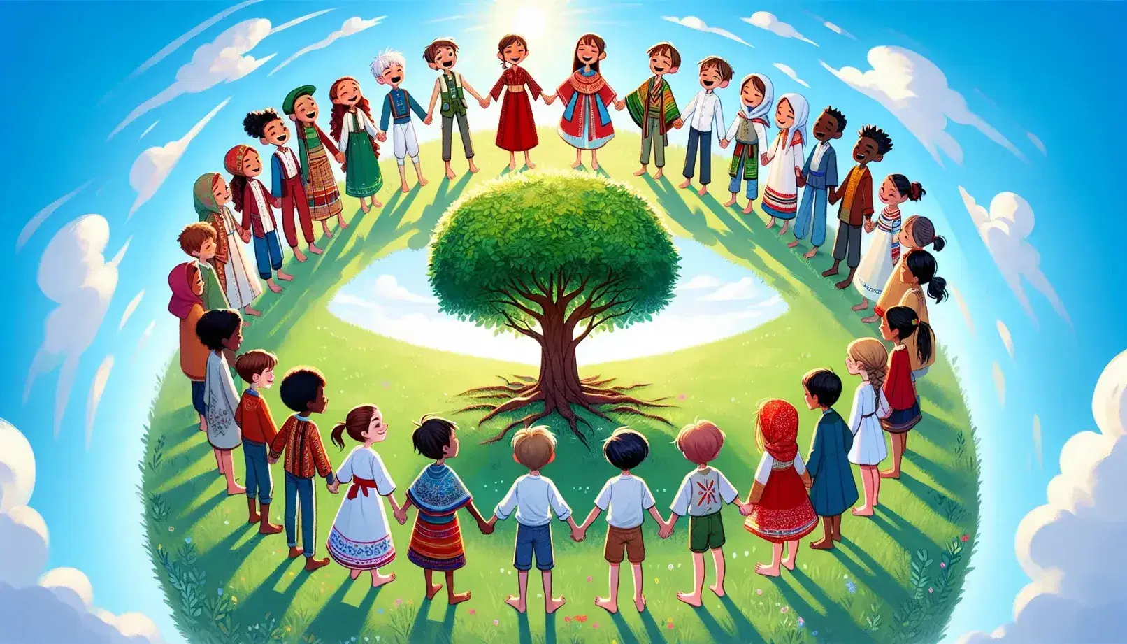 Niños y niñas de diversas etnias en trajes tradicionales, tomados de las manos y sonriendo, bajo un cielo azul con un árbol central sobre césped verde.