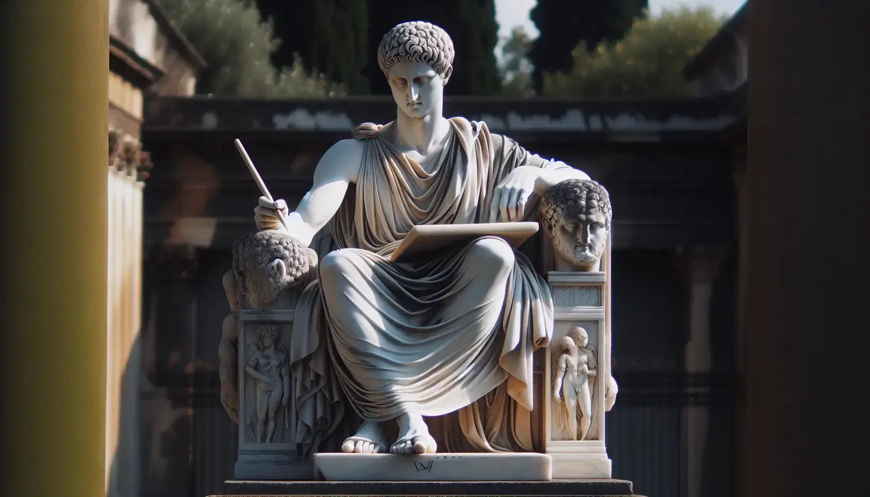 Statua marmorea antica di uomo seduto con toga, stilus e tavoletta cerata, in ambiente esterno con sfondo sfocato di alberi e cielo.