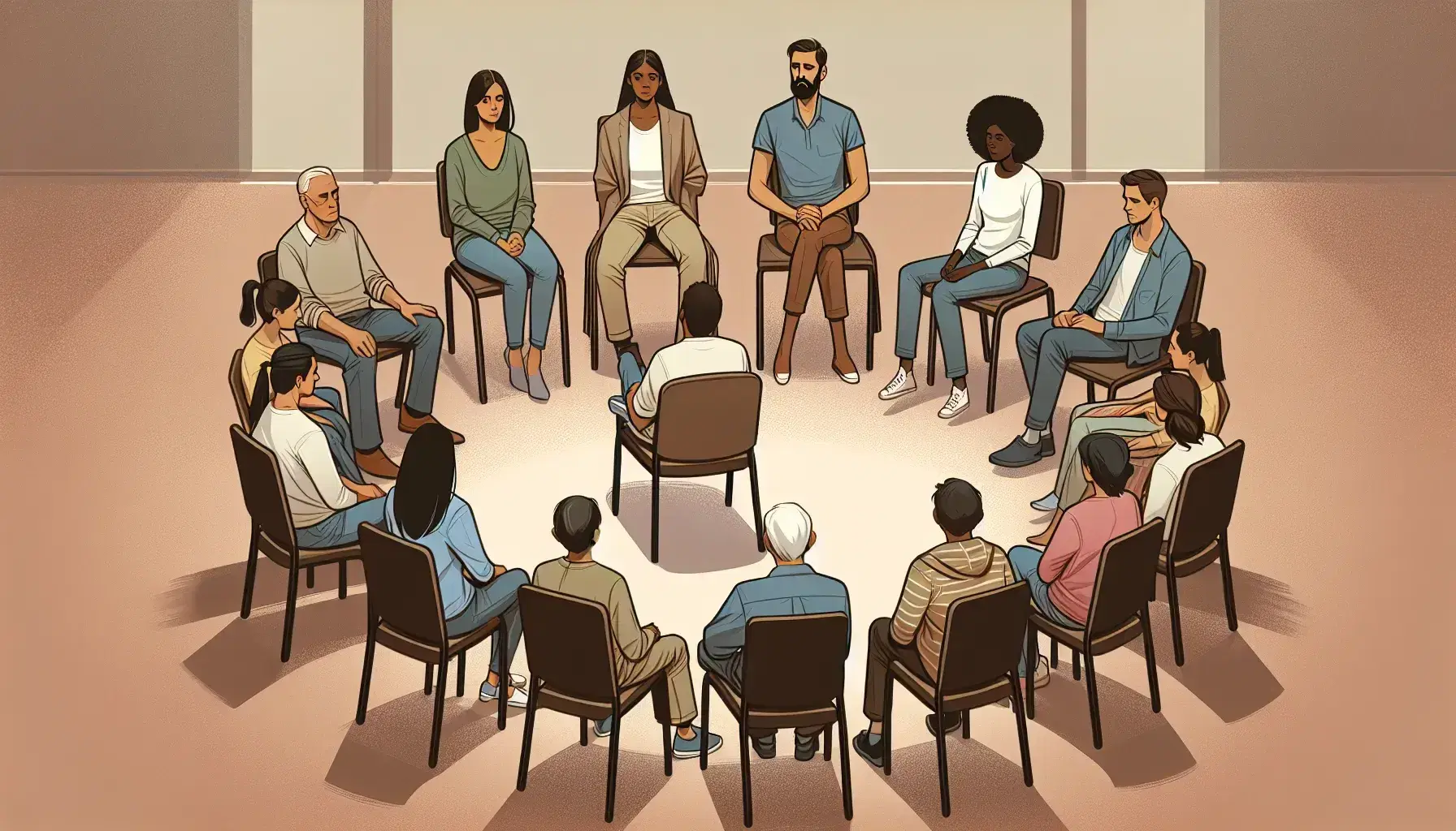 A circle of people of different ages and backgrounds sitting on chairs in a naturally lit room, with an empty chair in the center inviting dialogue.