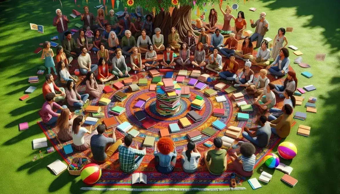 Grupo diverso de personas sentadas en círculo sobre alfombra colorida al aire libre, con libros y juguetes alrededor, bajo un árbol frondoso en un día soleado.