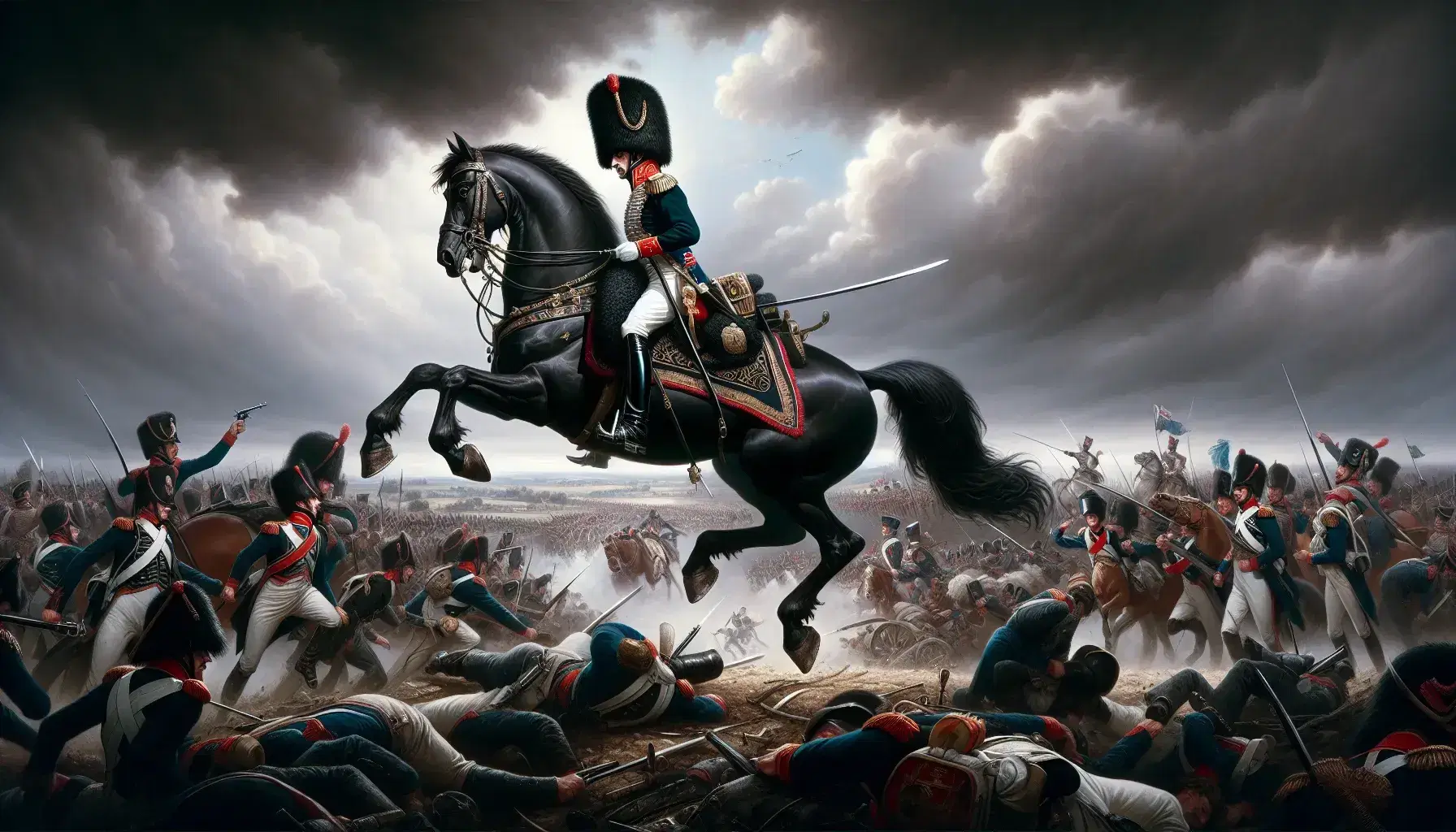 Rappresentazione della battaglia di Waterloo con figura centrale su cavallo marrone scuro e uniforme blu, tra soldati in combattimento sotto un cielo grigio tempestoso.