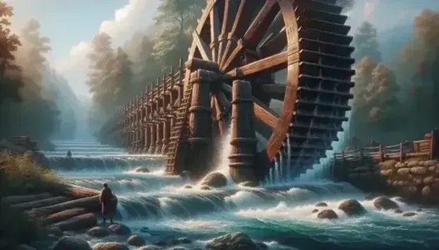 Ruota idraulica in legno in azione in un ruscello, con pale bagnate e schiuma d'acqua, circondata da alberi verdi e cielo azzurro.