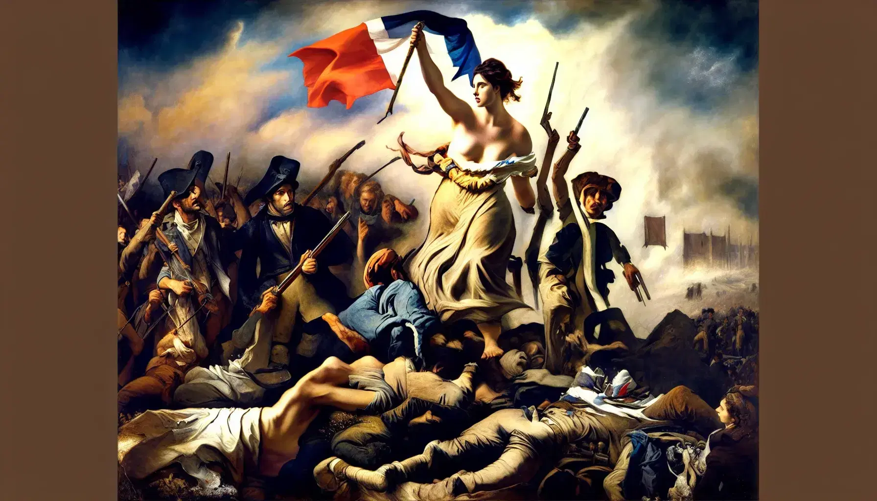 Riproduzione del dipinto 'La Libertà che guida il popolo' con donna al centro che sventola bandiera francese e guida rivoltosi.