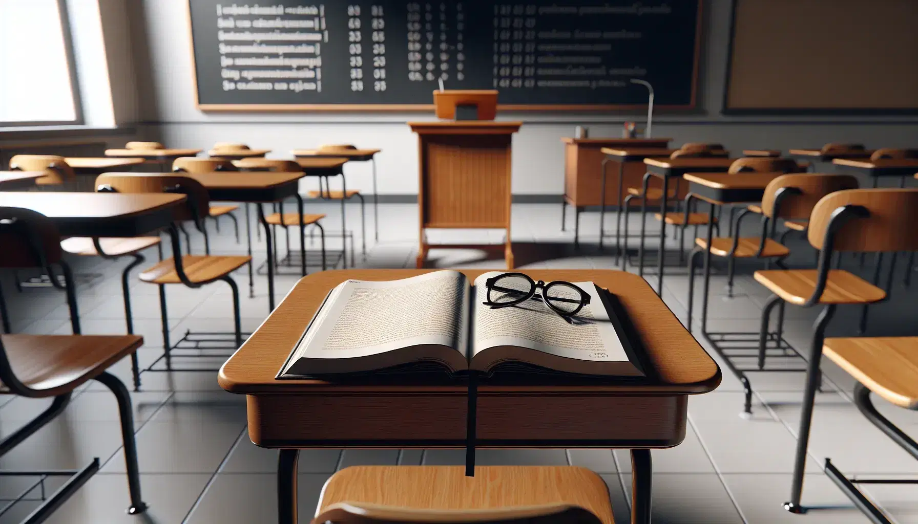 Spanish language classroom with teacher's desk, open textbook, round-lensed eyeglasses, clean chalkboard, and rows of empty student desks in natural light.