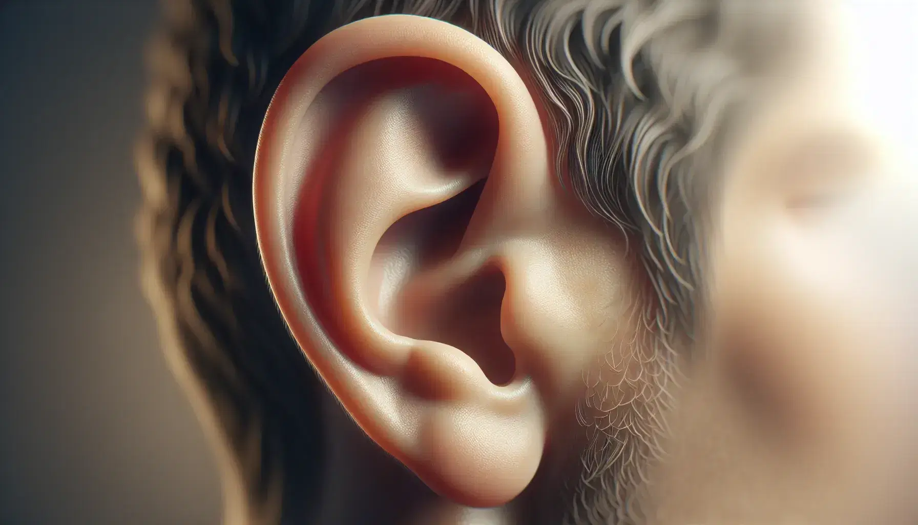 Close-up view of a human ear showing the pinna with distinct helix, antihelix, tragus, and lobule against a blurred neutral background.