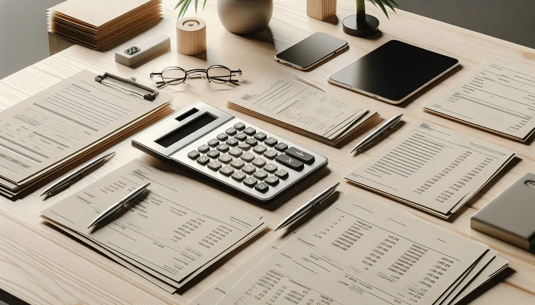 Escritorio de oficina de madera clara con documentos de negocios, calculadora negra, gafas metálicas, bolígrafo plateado y smartphone apagado, junto a planta verde en maceta blanca.