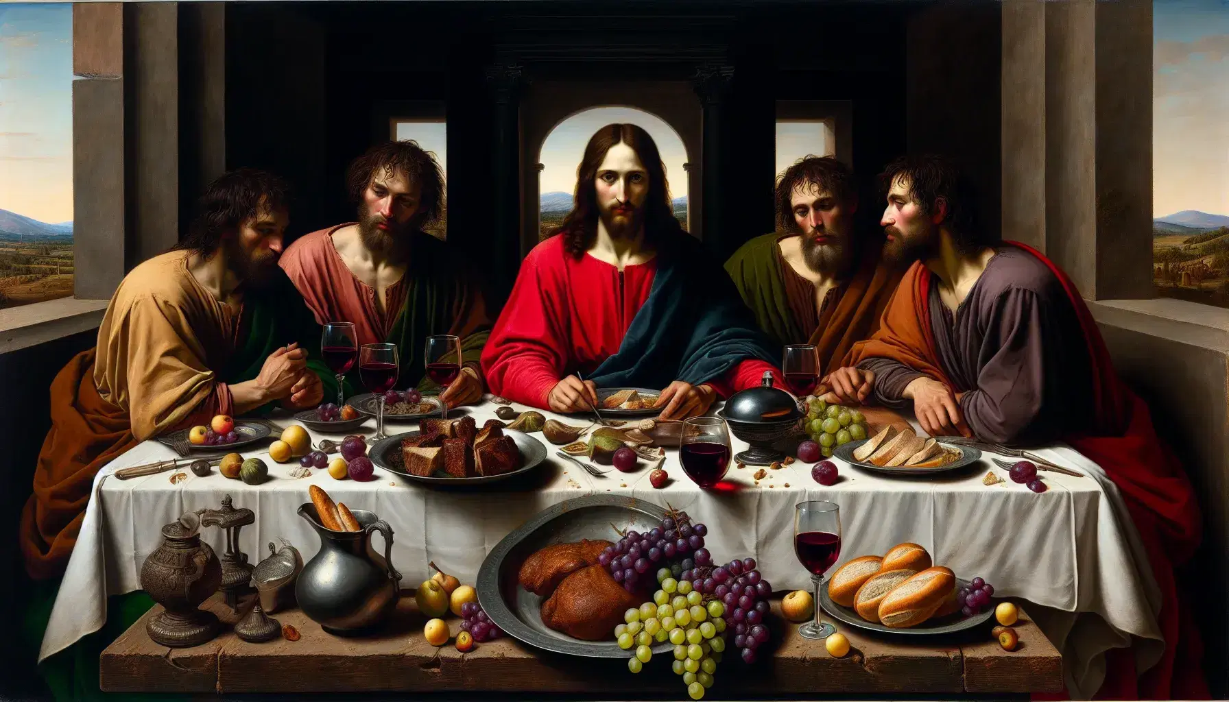 Riproduzione fotografica del dipinto 'Cena in Emmaus' con Gesù e discepoli intorno a un tavolo imbandito, in un gioco di luci e ombre.
